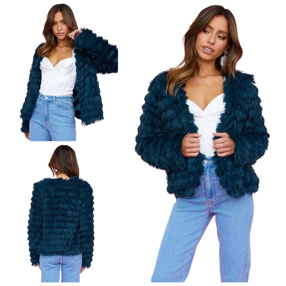 She + Sky Teal Faux Fur Fluffy Layered Jacket Size Medium NWOT